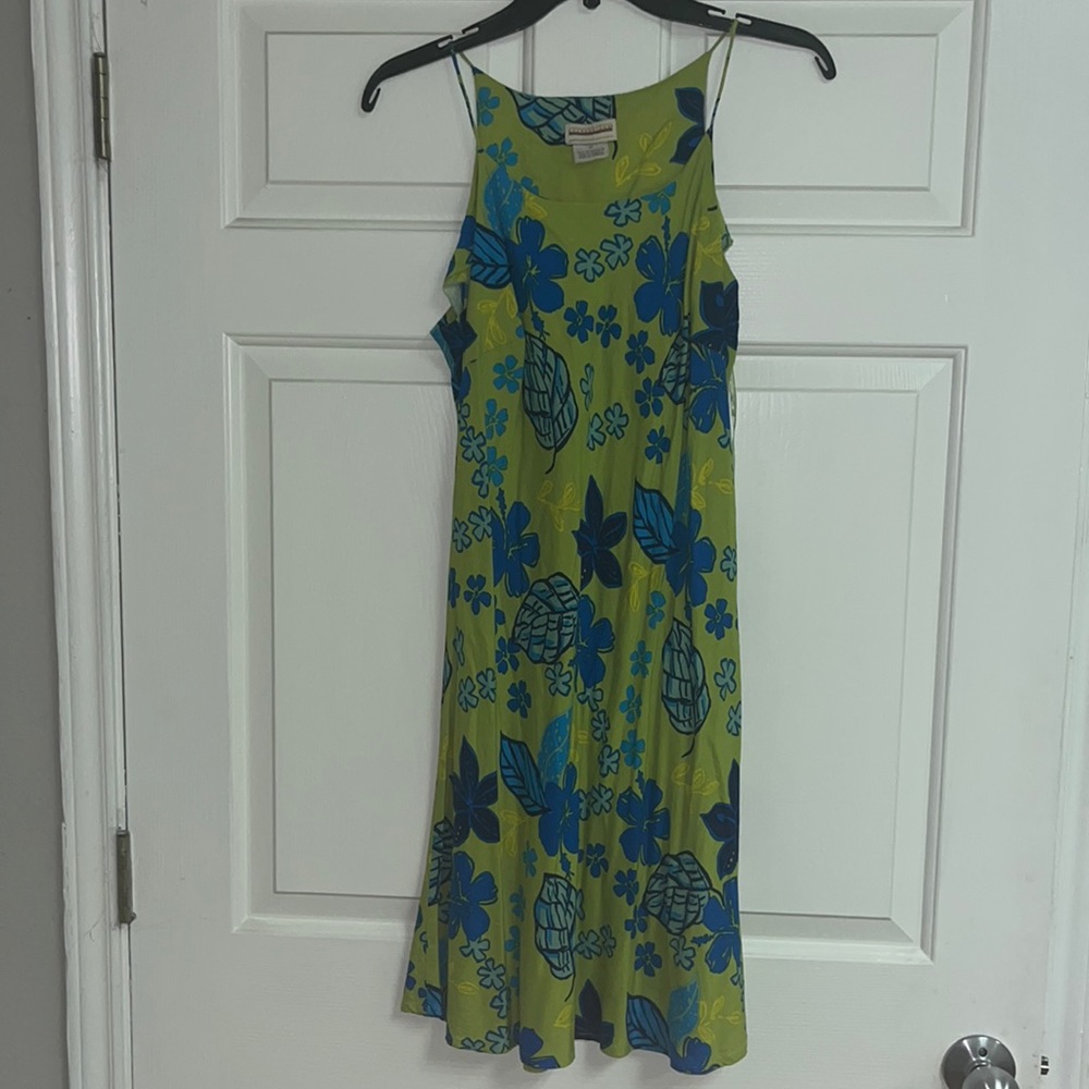 green and blue floral pattern dress